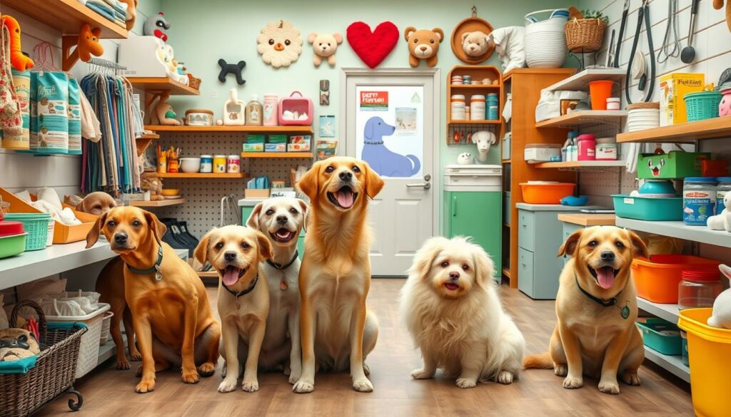 Imagem de um pet shop com animais fofos e serviços variados