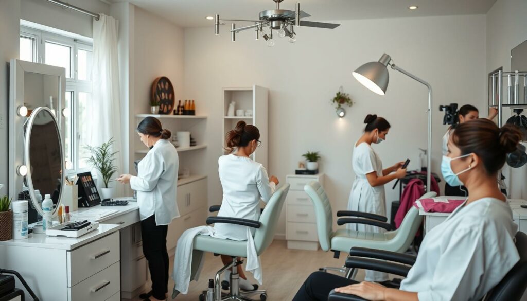 Imagem de um salão de beleza em casa com equipamentos e profissionais qualificados