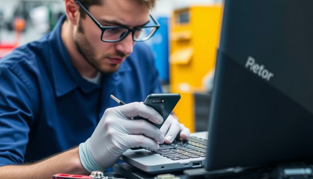 Imagem de um técnico consertando um celular ou notebook
