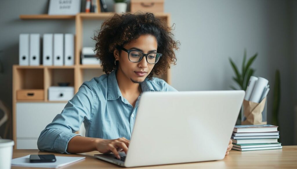 Imagem de uma pessoa criando um curso online em um laptop