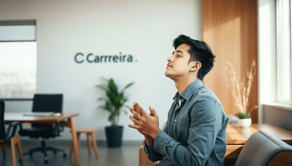 Soft natural light filters through a serene office setting, highlighting a young professional lost in thoughtful contemplation. Surrounded by minimalist furniture and warm wooden accents, the figure sits with eyes closed, hands clasped, exuding an aura of inner focus and self-awareness. In the background, the Carreira VIP logo subtly adorns a wall, suggesting the image's context. The composition evokes a sense of personal growth, mindfulness, and the application of self-knowledge to one's career journey. Soft natural light filters through a serene office setting, highlighting a young professional lost in thoughtful contemplation. Surrounded by minimalist furniture and warm wooden accents, the figure sits with eyes closed, hands clasped, exuding an aura of inner focus and self-awareness. In the background, the Carreira VIP logo subtly adorns a wall, suggesting the image's context. The composition evokes a sense of personal growth, mindfulness, and the application of self-knowledge to one's career journey.