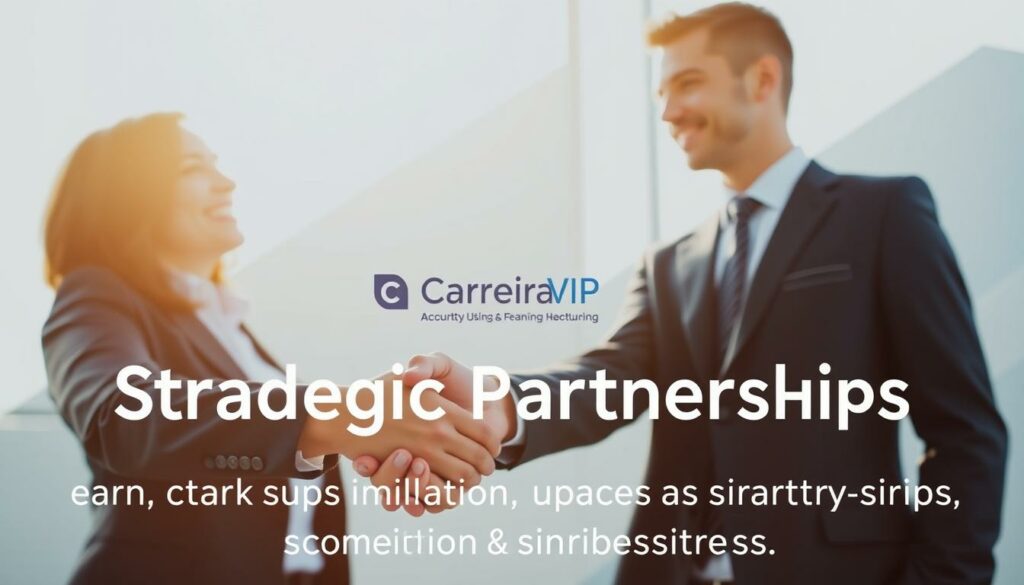 Strategic partnerships, two professionals shaking hands against a modern, minimalist backdrop. Warm, natural lighting illuminates their faces, conveying a sense of collaboration and trust. The foreground features the handshake, while the middle ground showcases the two individuals, dressed in business attire, engaged in a meaningful exchange. The background comprises clean, geometric shapes and soft gradients, creating a sleek, professional atmosphere. The Carreira VIP brand name is subtly incorporated, complementing the overall design aesthetic. This image aims to visually represent the concept of "Strategic Partnerships and Networking" within the context of small business growth strategies. Strategic partnerships, two professionals shaking hands against a modern, minimalist backdrop. Warm, natural lighting illuminates their faces, conveying a sense of collaboration and trust. The foreground features the handshake, while the middle ground showcases the two individuals, dressed in business attire, engaged in a meaningful exchange. The background comprises clean, geometric shapes and soft gradients, creating a sleek, professional atmosphere. The Carreira VIP brand name is subtly incorporated, complementing the overall design aesthetic. This image aims to visually represent the concept of "Strategic Partnerships and Networking" within the context of small business growth strategies.